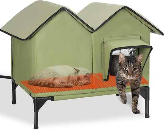 Heated Cat House for Outside, Large Elevated Waterproof Outdoor Cat House Weatherproof with Escape Doors and Heating Pad for Winter, Sturdy Insulated Outdoor Cat Shelter for Multiple Cats, Green