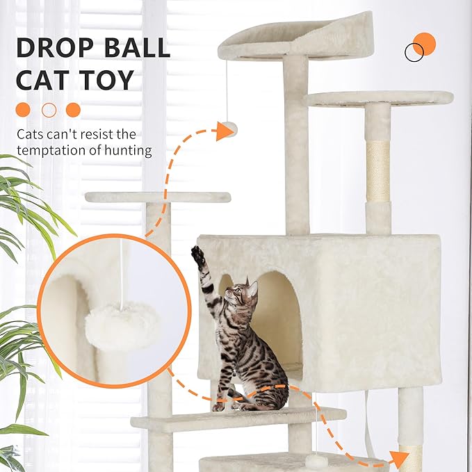 BestPet 81in Cat Tree Tower for Indoor Cats,Multi-Level Cat Furniture Activity Center with Cat Scratching Posts Stand House Cat Condo with Funny Toys for Kittens Pet Play House,Beige