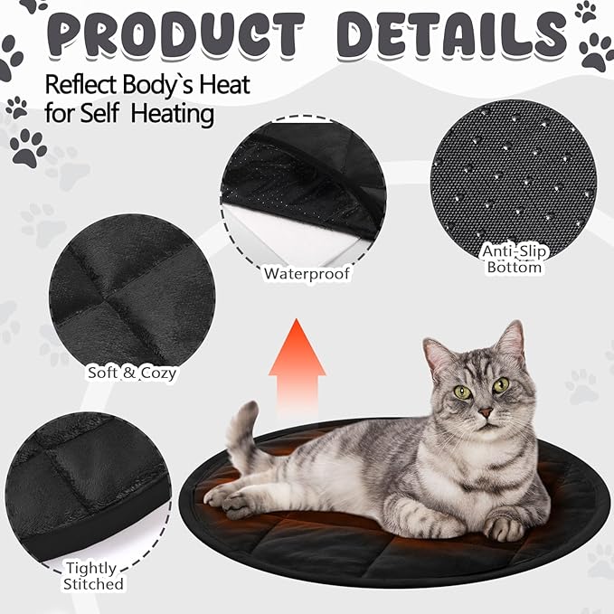 2 Pcs Cat Heating Pad Round 16 Inch Self Heating Cat Mat Washable Heated Bed Anti Slip Warming Pad Pet Bed Mat for Kennel Dog Crate Indoor Outdoor(Black,16 Inch)
