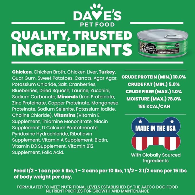 Dave's Pet Food Grain Free Wet Cat Food Pate (Chicken Formula), Made in USA Naturally Healthy Canned, Added Vitamins & Minerals, 5.5 oz Cans (24 Pack)