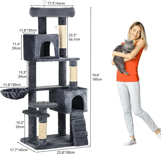YITAHOME 70.8-Inch Tall Cat Tree Indoor: Multi-Level Kitten Tower with Kitty Condos, Top Perches, Scratching Posts & Cozy Basket Pet Play House Dark Gray