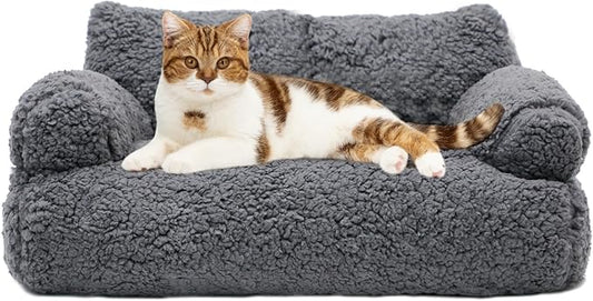Cat Couch Bed - Cat Bed for Indoor Cats, Calming Pet Sofa Puppy Sleeping Bed with Removable Washable Cover, Cute Dog Couch and Kitty Lounge Chair for 18lbs Cats & Small Dogs(Gray)