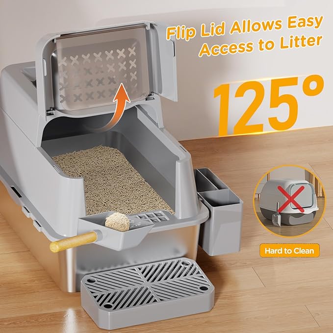 Stainless Steel Litter Box with Lid, XL Closed Metal Litter Box Modular Design with Flip Lid Fits All Cats, Extra Large Covered High Sided Cat Box, Scoop, Non-Sticky, Easy Cleaning, Grey