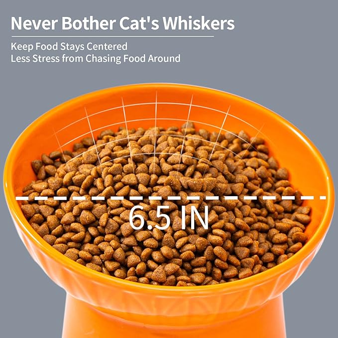6.5 Inch Extra Wide Ceramic Raised Cat Bowl Set, Tilted Elevated Cat Bowls for Food and Water, Prevent Whisker Fatigue, Stress Free, Less Vomiting, Protect Spine, Lead & Cadmium Free, White & Orange