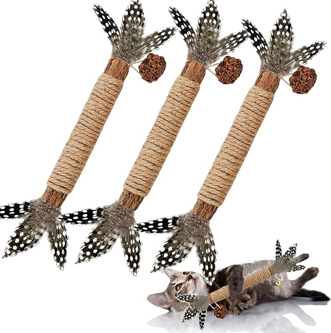 Cat Toys,3 Pack Silvervine Cat Feather Toy Kitten Chew Stick Catnip Treat with Bell for Cleaning Teeth Indoor Kitty Teaser Wand Molar Snack Interactive Pet Rabbit Bunny Hamster