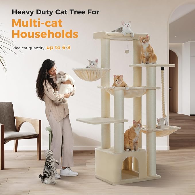 Large Cat Tree-67in Tall Cat Tower for Indoor Cats Large Adult with 13 Thick Sisal Scratching Posts (φ4.3in), Multi- Level Cat Condo, Super Big Perch & Hammocks for Maine Coon 20 lbs -Beige