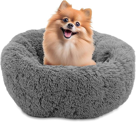 Athena Collection Washable Small Dog Bed, Cat Bed for Indoor Cats, 24 Inches Fluffy Faux Fur Round Pet Bed Calming Cozy Soft Warming Donut for Small Dog Puppy Kitten, Grey