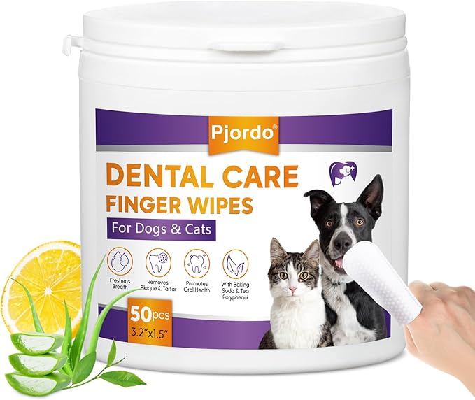 Teeth Cleaning Wipes for Dogs & Cats, Dental Care Finger Wipes, Remove Plaque, Tartar & Bad Breath, Disposable Gentle Cleaning & Gum Care Pet Wipes, No-Rinse Dog Finger Toothbrush, 50 Counts