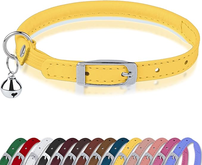 OOPSDOGGY Rolled Leather Cat Collar with Bell, Reflective Kitten Collars with Buckle Include Safety Elastic Strap - Adjustable Small Pet Collars for Boy Girl Cats (Yellow)