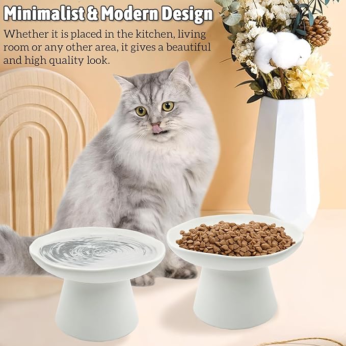 VCEPJH Raised Cat Food Bowls Shallow Cat Plate Pack of 2 Ceramic Elevated Cats Dish 6.1in Flat Anti Whisker Fatigue Wide Pet Food & Water Feeder for Indoor Kitty Kitten (White)