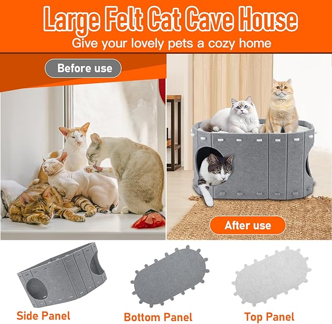 Cat House for Indoor Cats, Double Layer Cat Bed Cave, Large Space Cat Enclosed Bed for Home, Easy Assembly (Grey, Large)