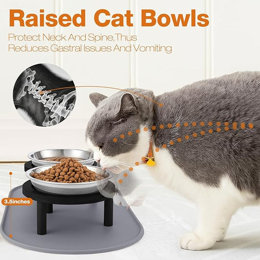 Elevated Cat Bowls with Food Mat,6.3 Inches Shallow Raised Bowls Whisker Friendly,2 Stainless Steel Cat Food and Water Dishes for Cats and Puppies,Dishwasher Safe(Black)