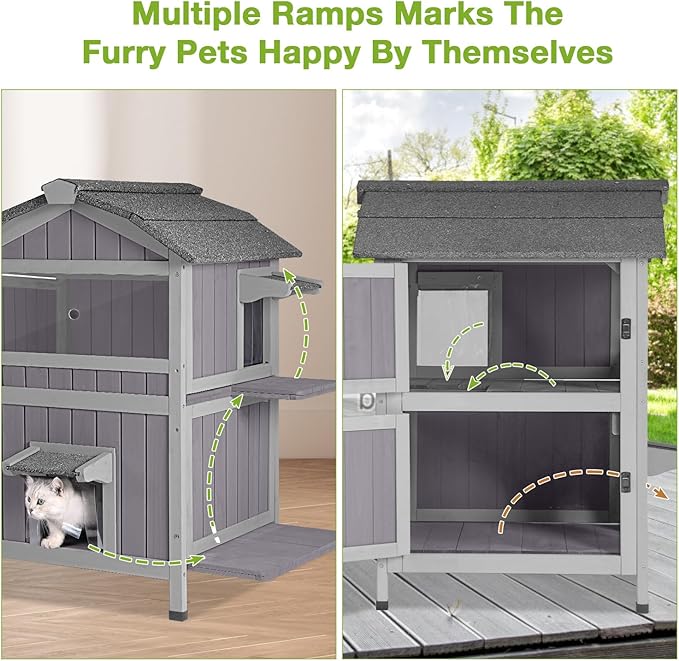 Cat Houses for Outdoor Cats 2-Story Large Cat Condo for Multiple Cats, Weatherproof Feral Cat Shelter with Window, Easy Clean Wood Kitty House