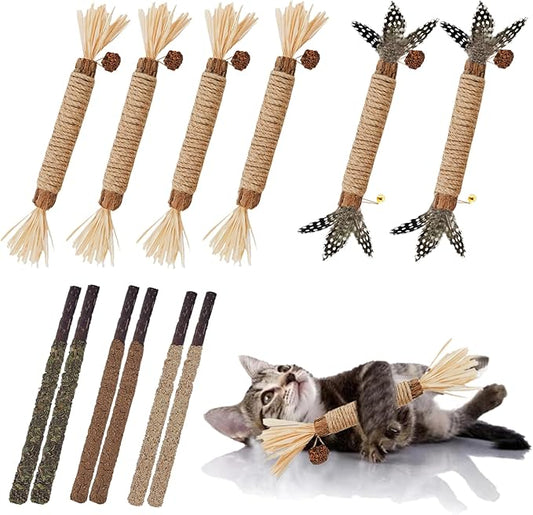 Cat Toys, 12pack Silvervine Cat Feather Toy Kitten Chew Stick Catnip Treat with Bell for Cleaning Teeth Indoor Kitty Teaser Wand Molar Snack for Interactive Pet Pig-1