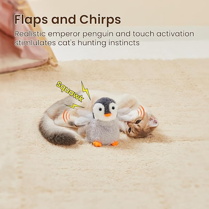 Potaroma Flapping Cat Toys Emperor Penguin, Rechargeable, Lifelike Bird Chirp, Catnip Kicker Toys, Touch Activated Kitten Toy, Interactive Cat Exercise Toys, 4.0 Inches