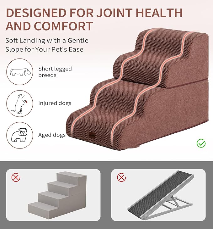 Made4Pets Dog Stairs Ramp for Bed, 4-Step Dog Steps for High Bed Couch Sofa Climbing, 35D Foam Pet Steps for Small Dogs and Cats, Non-Slip Bottom Pet Stairs, Brown