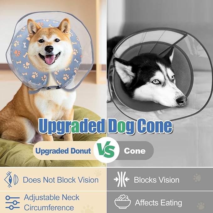 Inflatable Dog Cone Collar, Adjustable Size Soft PVC 2-in-1 Dog Donut Collar After Surgery with Detachable, Inflatable Collar for Small Medium Large Dogs and Cats (Grey, XL)