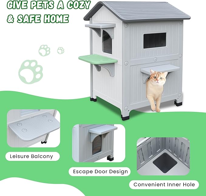Plastic 2 Story Outdoor Cat House with Escape Door, Waterproof Cat House for Feral Cats for Outdoor Indoor Use, Sturdy Cat Houses for Outdoor Cats, Clean & Assemble Easily(White)