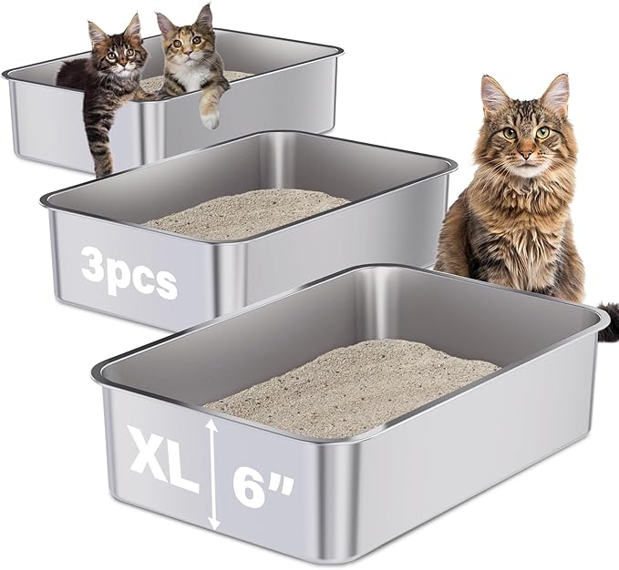Stainless Steel Litter Box 3 Pack, 23.6" X 15.7" X 6" Extra Large Cat Litterbox No Smell, XL Metal Litter Box for Big Kitty, Multiple Cats, Non Stick, Easy Cleaning