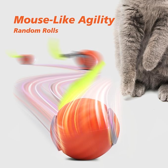 Interactive Cat Toy for Indoor Cats, Speedy Ball with Tail, Automatic Moving Cat Balls for Bored Indoor Adult Cats, 360°Automatic Rolling Ball Toy, Two Speed Adjustment（Orange）