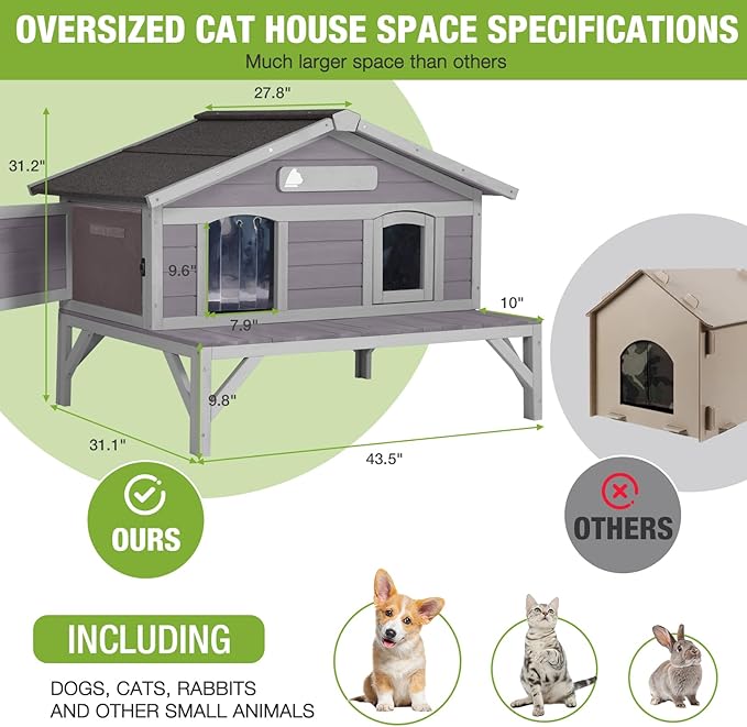 GUTINNEEN Large Outdoor Cat House Insulated Weatherproof Feral Cat Shelter with 100% Insulated Liner, Elevated Base, and Escape Doors for Cats in Winter