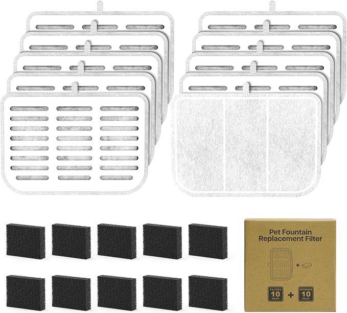 Filter Unit Rect For E VERSWEET MAX Cordless 105fl oz/3L Pet Cat Water Fountain Filter Replacement (Square-10 Filters+10 Sponges)