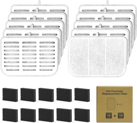 Filter Unit Rect For E VERSWEET MAX Cordless 105fl oz/3L Pet Cat Water Fountain Filter Replacement (Square-10 Filters+10 Sponges)