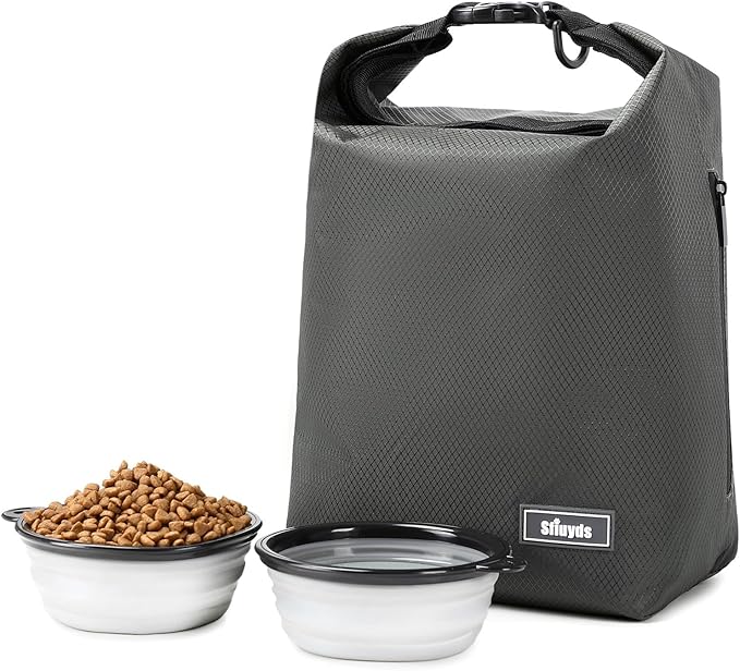 Waterproof Pet Food Storage Bag,Dog Food Container 20 lb w/2PCS Collapsible Dog Travel Bowls and Zipper Side Pocket(Gray, Large)