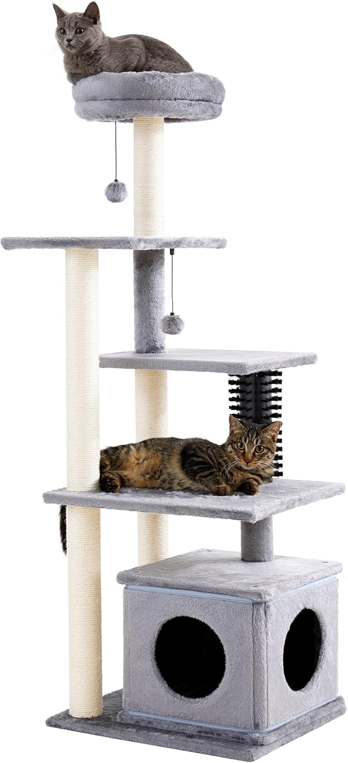Made4Pets 52.4" Tall Multi-Level Large Cat Tower for Indoor Cats With Scratching Posts, Pompoms, Grooming Brush and Perch - Grey