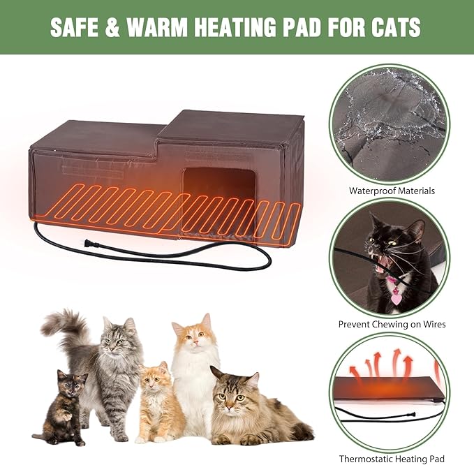 Heated Insulated Cat House Outdoor for Winter, Feral Cat Shelter with Weatherproof Asphalt Roof Outside, Kitty Home to Keep Cats Warm