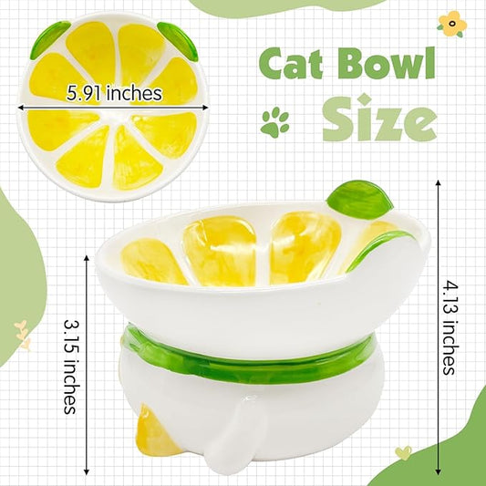Kathson Ceramic Elevated Cat Bowl, 15 Tilted with Stand - Lemon Shaped, Anti Vomiting, Small Cat Bowl