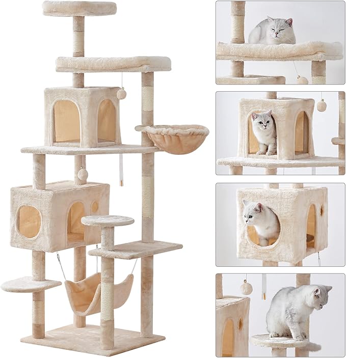 Cat Tree 71.6 inches Cat Tower for Indoor Cats, Multi-Level Cat Condo Furniture with Scratching Posts Plush Perches, Activity Center with Cozy Basket & Hammock for Large Cat,Beige