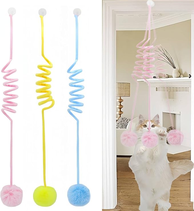 3 Pcs Hanging Fluffy Cat Ball Toys with Bell, Interactive Cat Teaser Retractable Toys Indoor Kitten Chasing and Playing