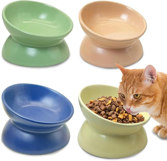 kathson 4 Pcs Ceramic Raised Cat Bowls, Elevated Tilted Cat Food Bowl, Anti Vomiting Pet Food Bowl, Colorful Porcelain Pet Feeder Dish for Cats and Small Dogs, Stress Free(Blue,Green,Yellow,Pink)