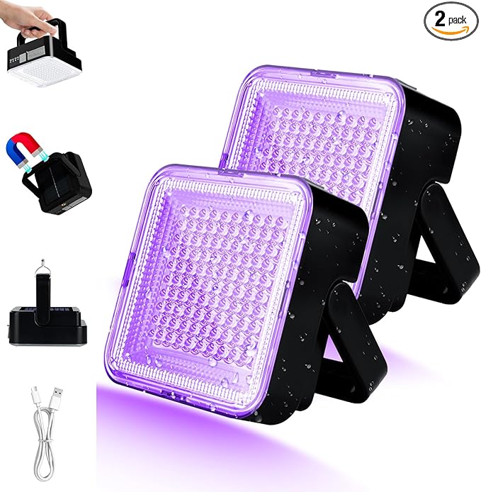 2 Pack Rechargeable Black Light, 60W 5000 mAh Dimmable UV Black Light, 100 LED 395 nM Ultraviolet Blacklight, for Dog Cat Pet Urine Stains Detection, Bed Bug, Scorpions, Bedroom, Camping, Outdoor