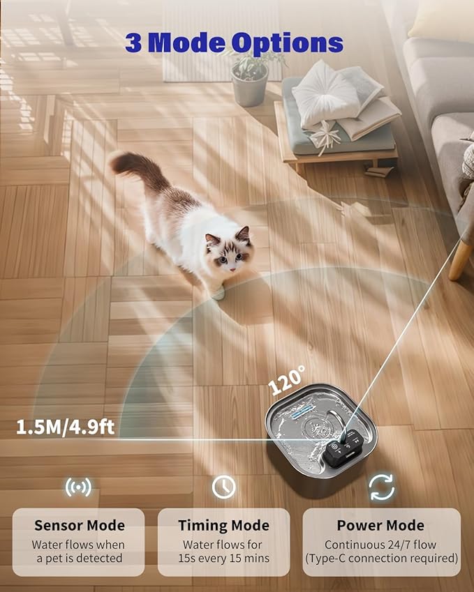 Wireless Cat Water Fountain Stainless Steel, 3.2L/108oz Battery Operated Pet Fountain with 3 Modes, Cordless Pet Water Dispenser for Cats and Dogs