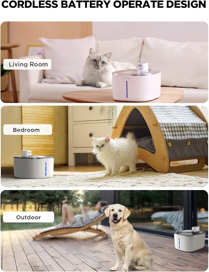 Cordless Cat Water Fountain Battery Operated, FEELNEEDY 4L/135 fl oz Pet Water Fountain for Cats and Dog with Motion Sensor, Ultra Quiet Cat Drinking Fountain with 6 Filters (YPD-C004P), White