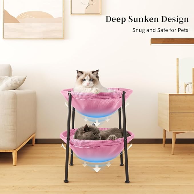 Double Cat Bed Pink, Breathable Pet Bed for 2 Cats with 4 Adjustable Feet & Anti-Slip Mats, Easy Assembly Cat Hammock for Multi-cat Household, Indoors & Outdoors, 22.8 in x18.7 in x 18.7 in