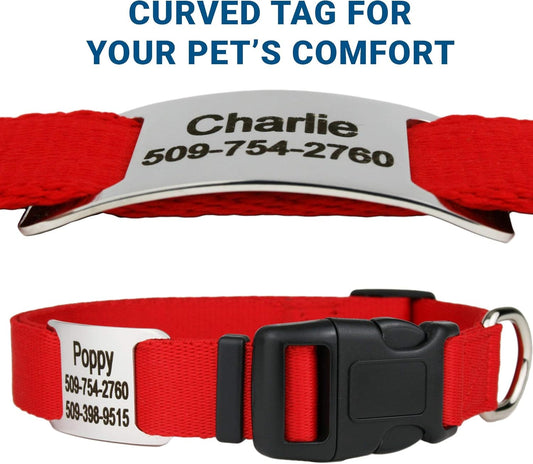 GoTags Personalized Dog Collar with Nameplate, Adjustable Dog Collar with Custom Engraved Slide On Pet ID Tag in Stainless Steel, Silent, No Noise Dog Tag for Large Medium and Small (Red, Large)