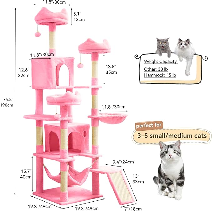 YITAHOME 75-Inch Tall Cat Tree Indoor: Multi-Level Kitten Tower with Kitty Condos, Top Perches, Sisal Ramp, Scratching Posts & Cozy Basket Hammocks Pet Play House Pink