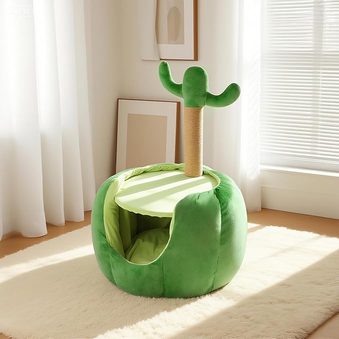Cat Houses for Indoor Cats, Small Cat Tree with Sisal Ropes and Plush Perch, Cute Cat Bed Cave with Soft Pillow, Cactus Design