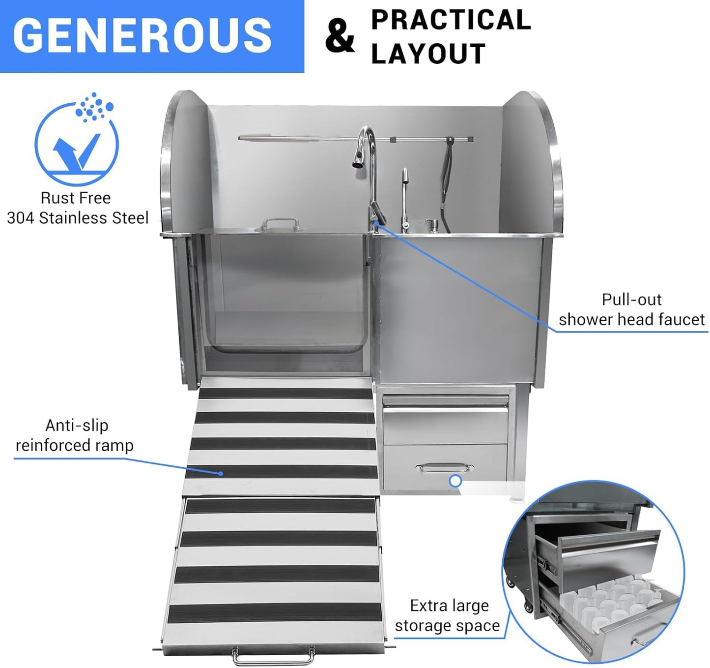 Professional Dog Grooming Tub, 50" Stainless Steel Dog Wash Station with Foldable Ramp, Storage Drawer, Floor Grate & Faucet/Dog Bathtub for Large, Medium & Small Pets - Left Door (50")