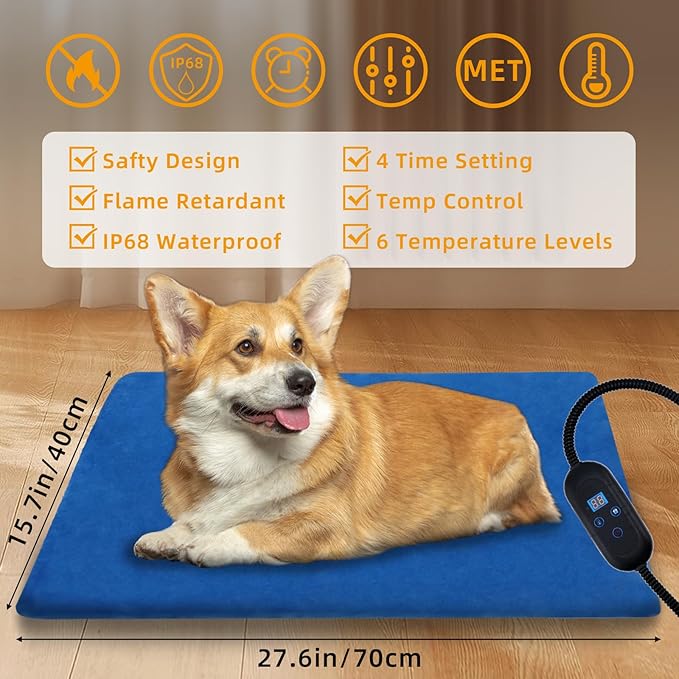 Pet Heating Pad, 6 Adjustable Temperature Heated Dog Cat Bed with Timer,Indoor Warming Heated Mat Pad with Chew Resistant Cord,15.7 x 27.6 Inches