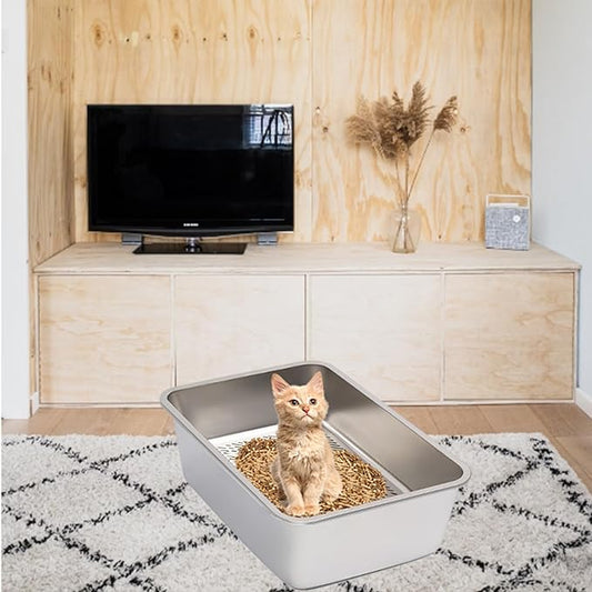 Stainless Steel Sifting Cat Litter Box, XL High-Sided, Anti-Leakage, Easy Clean, 23.6" L x 15.9" W x 8" H，Includes Scoop & Liner, Ideal for Big Cats & Pine Pellets