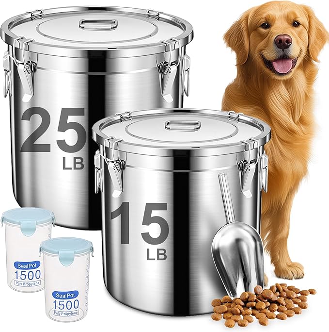 Dog Food Storage Containers, Large Stainless Steel Pet Food Storage Containers 38 lb / 17 kg to Keep Fresh, Metal Airtight Cat Food Containers With Scoop and 2 Small Containers