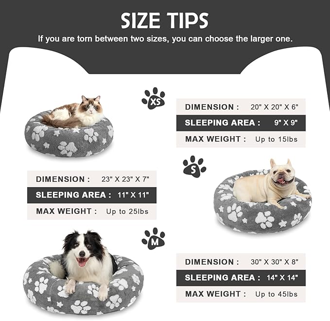 Donut Dog Beds for Small Dogs, Calming Round Cat Beds for Indoor Cats, Cute 3D Textured Paw Pet Bed with Removable Washable Cover and Anti-Slip Bottom（Grey，23"）