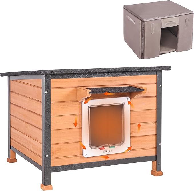 Outdoor Insulated Cat House Weatherproof for Winter, Feral Cat Shelter with Insulated Liner, All Round Metal Frame Wooden Condos, Indoor and Outdoor Use for Cat, Rabbit and Small Animal