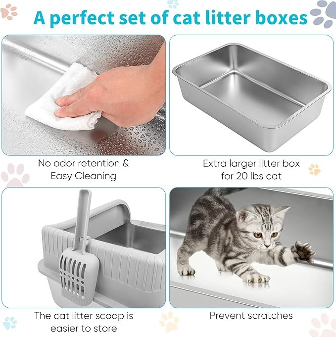 2PACK Stainless Steel Litter Boxes with Lid High Sides for Big Cats, 23.5"L x 15.5"W x11.8"H, Fashion Extra Large Metal Kitty Litter Boxs with Two Scoops, Leak-Proof,Odorless,Non-Stick,Easy Cleaning