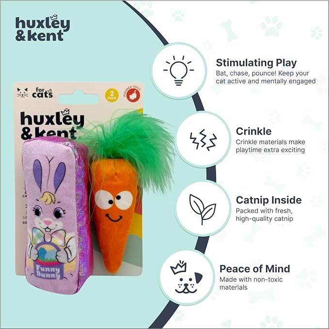 Huxley & Kent Plush Cat Toy - Interactive Catnip Toy for Cats & Kittens - Soft with Crinkle & Catnip - Fun Indoor Play - Hoppy Easter 2pk