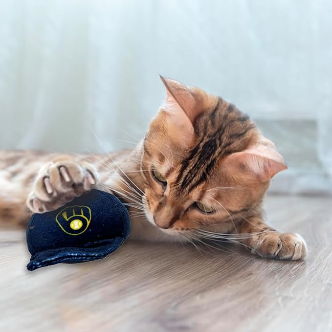 Best Plush CAT Toy - MLB Milwaukee Brewers Complete Set of 3 Piece Cat Toys Filled with Catnip. Incld: 1 Baseball Cap Cat Toy, 1 Baseball Cat Toy with Feathers & 1 Beer Bottle. Beautiful Team Logos